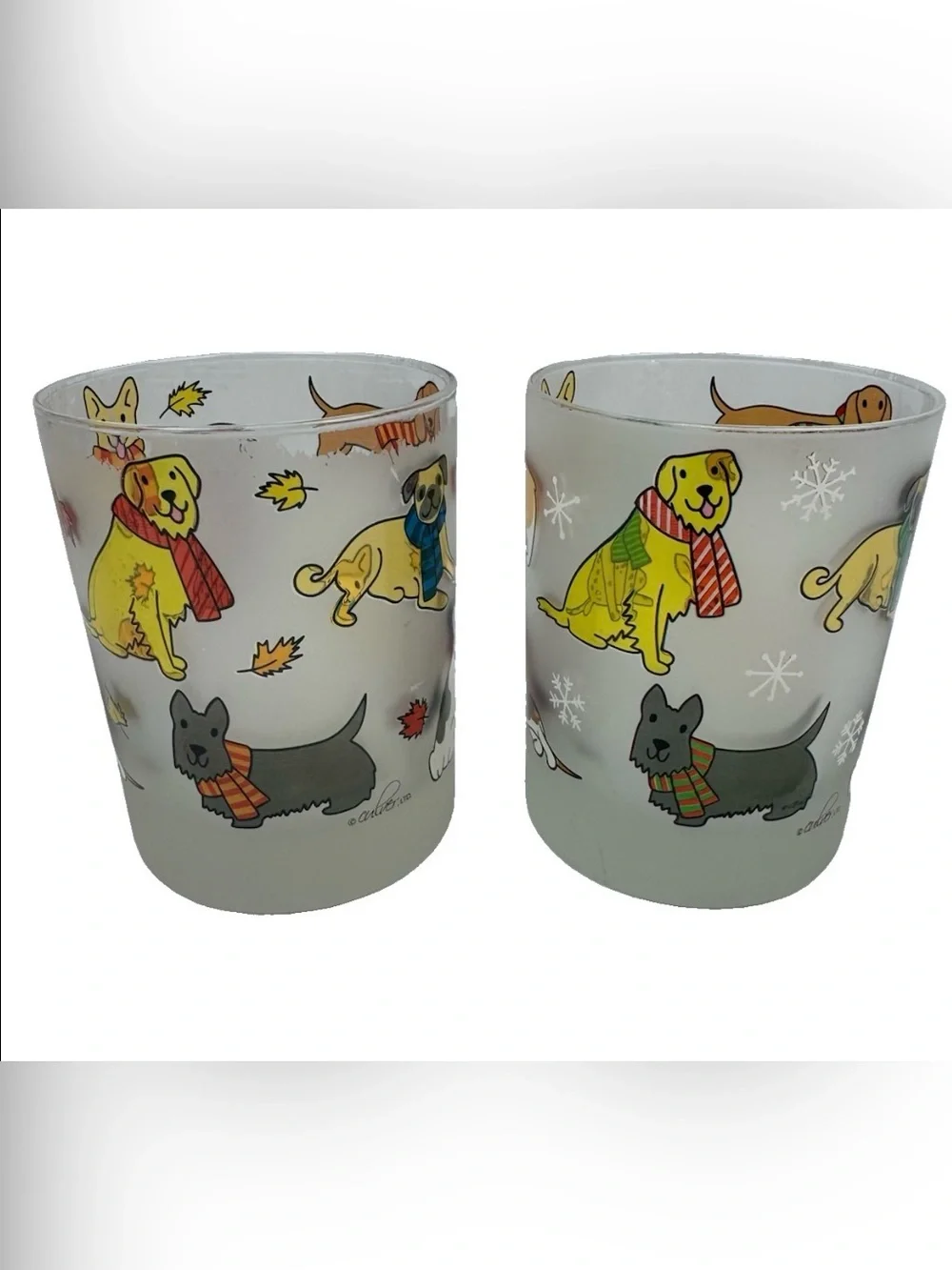 Culver Ltd Frosted Glasses Dogs In Scarves Set Of 2 Rocks Tumblers Flawed As Is